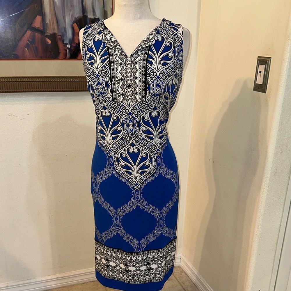 JM Collection Elegant Blue/ Black Patterned Dress Size Size Medium